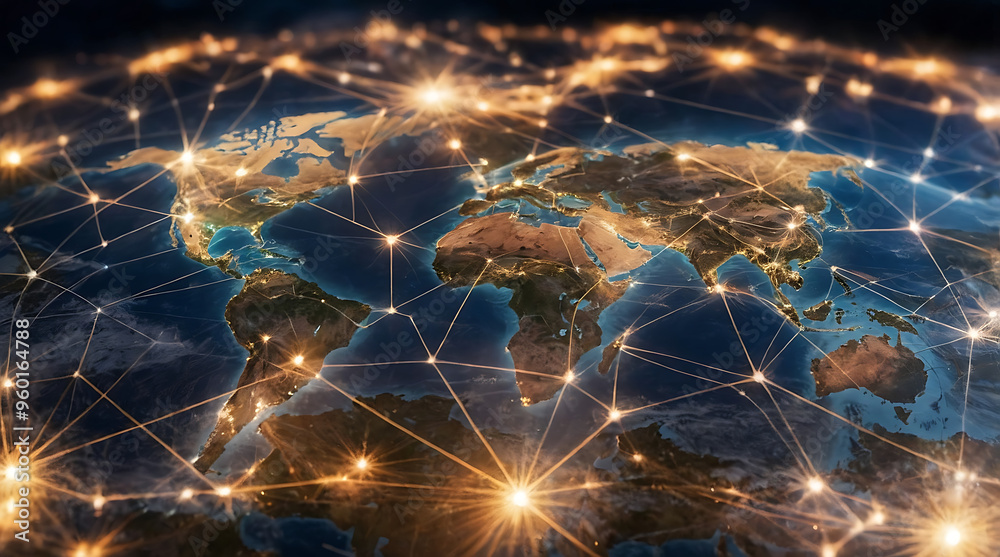 Global business network with world map and connecting flight paths Global business network with world map and connecting flight paths
