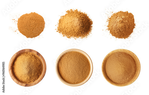 Aromatic cinnamon powder on white background, set. Top view