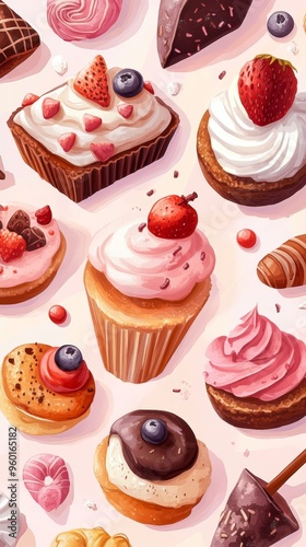 A colorful array of cupcakes and pastries, including chocolate and strawberry