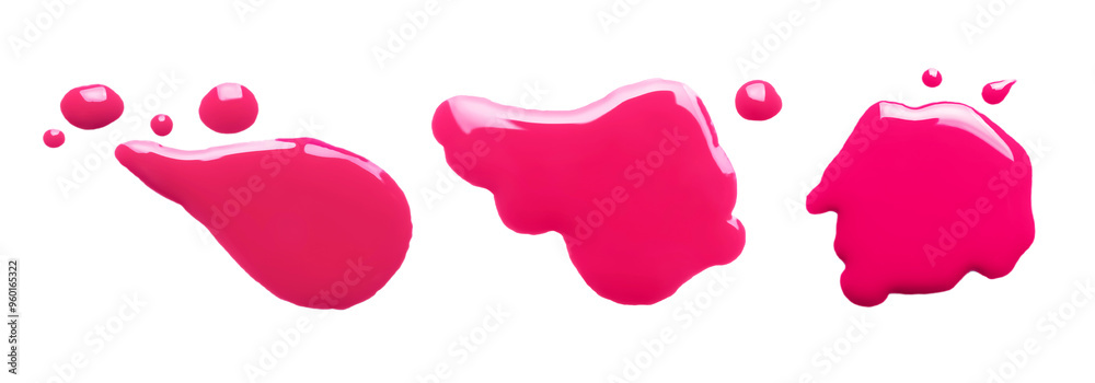 Blots of magenta printer ink on white background, set. Top view Blots of magenta printer ink on white background, set. Top view