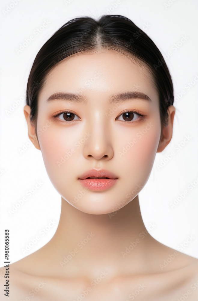 Beautiful Young Asian Woman with Clean, Healthy Skin on a White Background Beautiful Young Asian Woman with Clean, Healthy Skin on a White Background