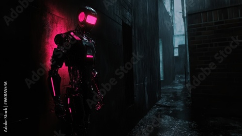 Mysterious Robotic Figure in a Dark Alley