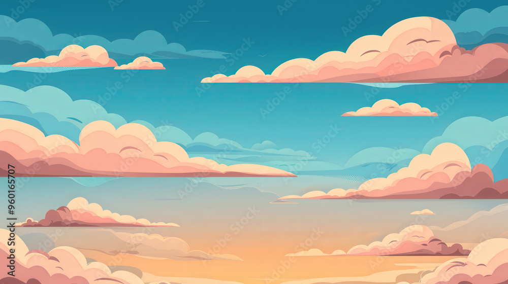 Bright Daylight Sky with Soft Fluffy Clouds, a flat design illustration showcasing a serene atmosphere and gentle hues in a peaceful outdoor scene. Bright Daylight Sky with Soft Fluffy Clouds, a flat design illustration showcasing a serene atmosphere and gentle hues in a peaceful outdoor scene.