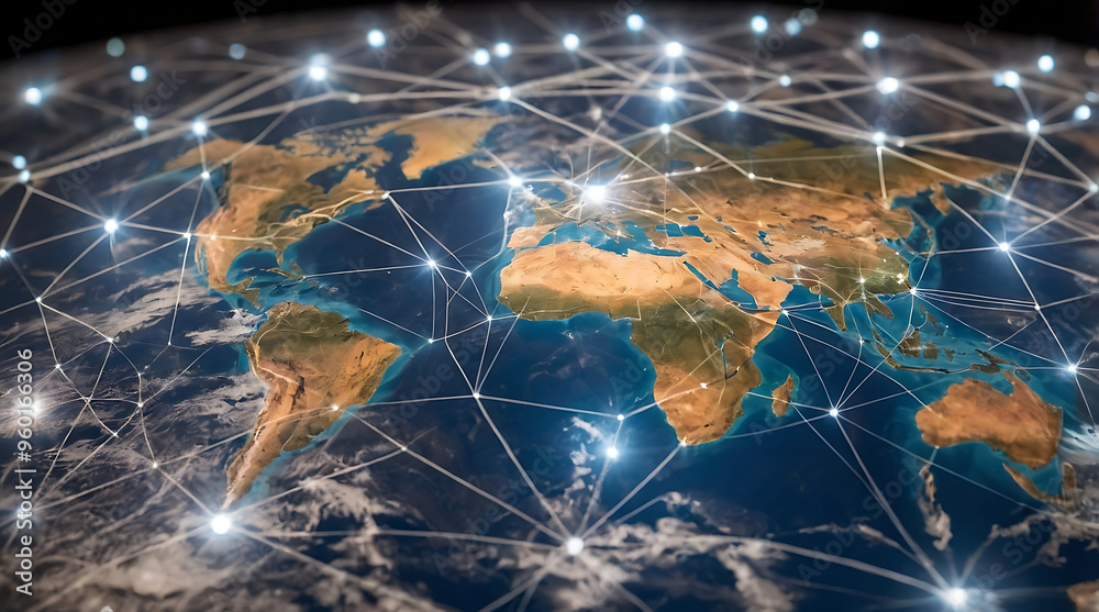Global business network with world map and connecting flight paths Global business network with world map and connecting flight paths