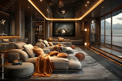 This luxurious home theater features plush seating, cozy throws, and elegant decor, offering an inviting atmosphere for movie nights with breathtaking ocean views
