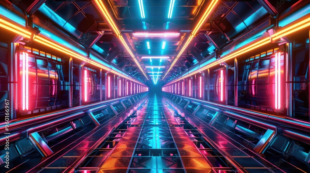 Fototapeta premium Futuristic tunnel with vibrant neon lights and reflections, creating a sense of depth and technology in a sci-fi environment.