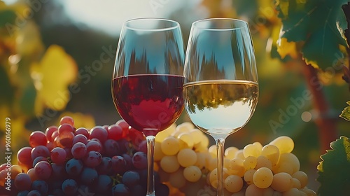 Red and White Wine Photo with Grapes in Vineyard photo