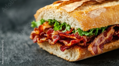 A high-resolution close-up photograph depicting a freshly made sandwich filled with crispy bacon, garnished with greens, placed on a textured, dark background.