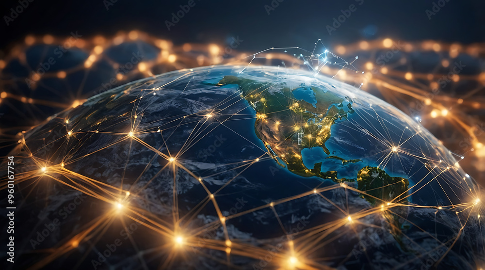 Global business network with world map and connecting flight paths Global business network with world map and connecting flight paths