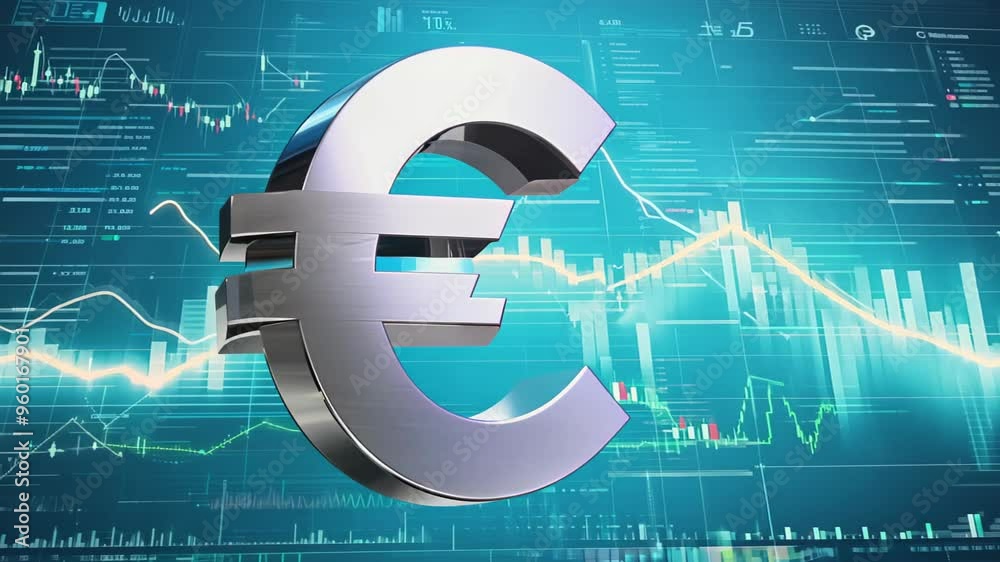 metallic euro symbol in front of fluctuating financial graphs and charts, representing currency, economics, and market trends.