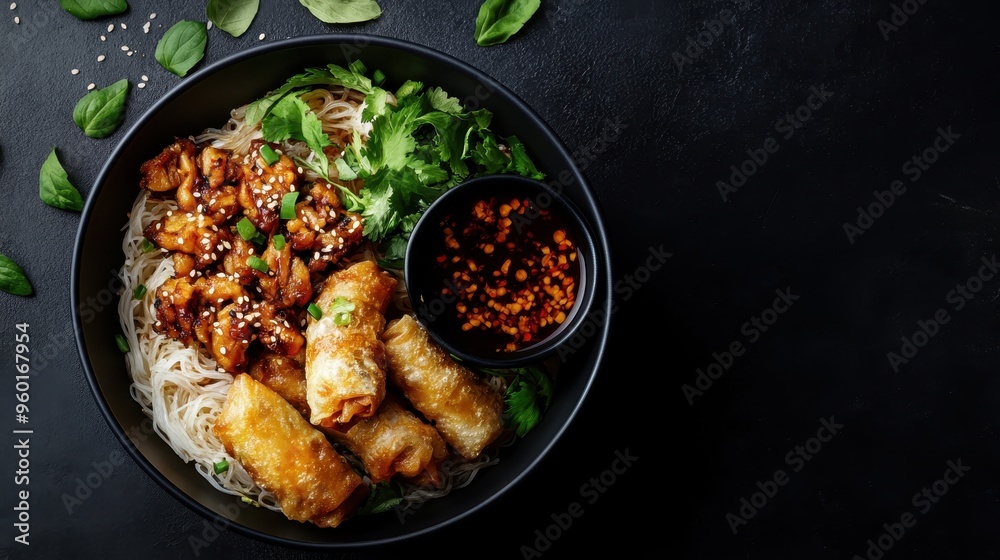 A delectable serving of crispy spring rolls placed over noodles, accompanied by a flavorful dipping sauce, garnished with cilantro and sesame seeds for an exquisite dining experience. A delectable serving of crispy spring rolls placed over noodles, accompanied by a flavorful dipping sauce, garnished with cilantro and sesame seeds for an exquisite dining experience.