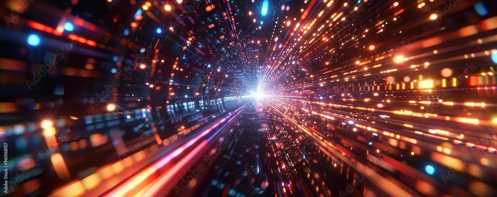 Vibrant light trails create a mesmerizing tunnel effect, symbolizing speed, energy, and futuristic technology in this stunning visual. Vibrant light trails create a mesmerizing tunnel effect, symbolizing speed, energy, and futuristic technology in this stunning visual.