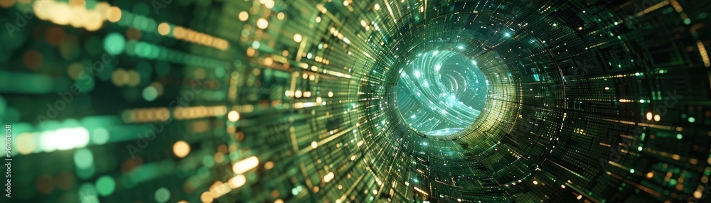 Futuristic digital tunnel with glowing particles conveying high-tech feelings of movement and space. Ideal for sci-fi projects.