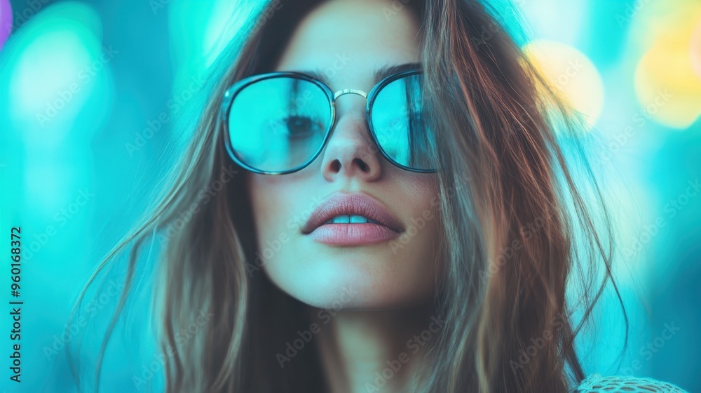 A stylish woman with flowing hair is wearing oversized glasses, standing against a neon-lit cityscape backdrop at night, representing modern fashion and urban life. A stylish woman with flowing hair is wearing oversized glasses, standing against a neon-lit cityscape backdrop at night, representing modern fashion and urban life.