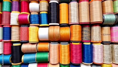 a close up of a pile of spools of thread and thread.