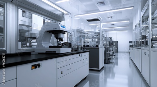 A clean, sterile laboratory equipped with advanced scientific research instruments and machines, highlighting modern technology and laboratory automation.