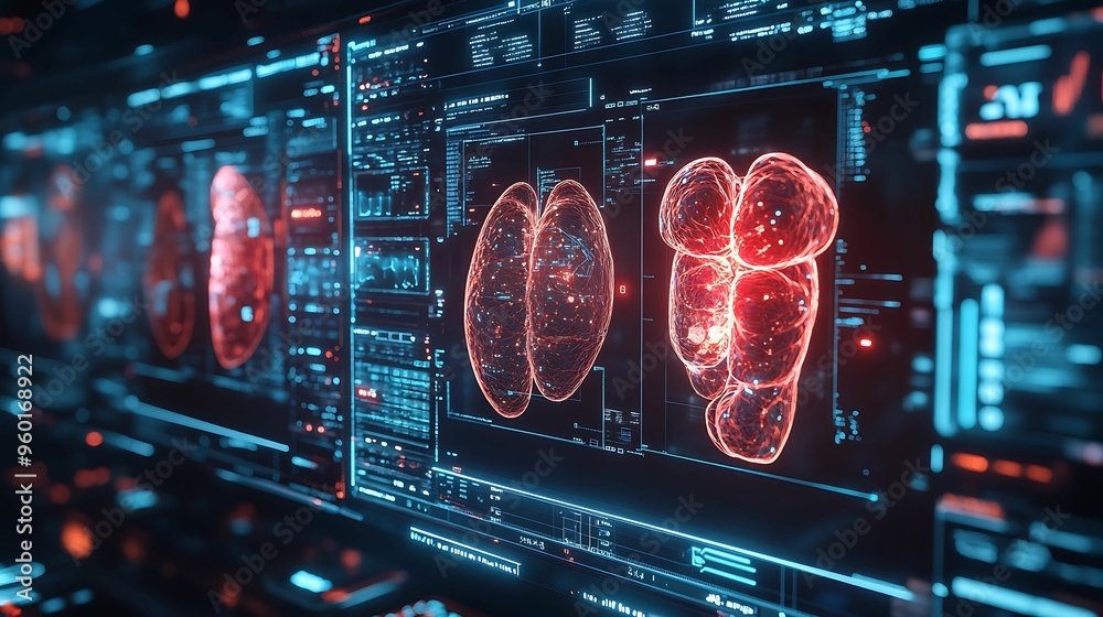 Obraz premium A 3D digital scan of human lungs displayed on a futuristic medical interface, highlighting advancements in healthcare, diagnostics, and medical technology.