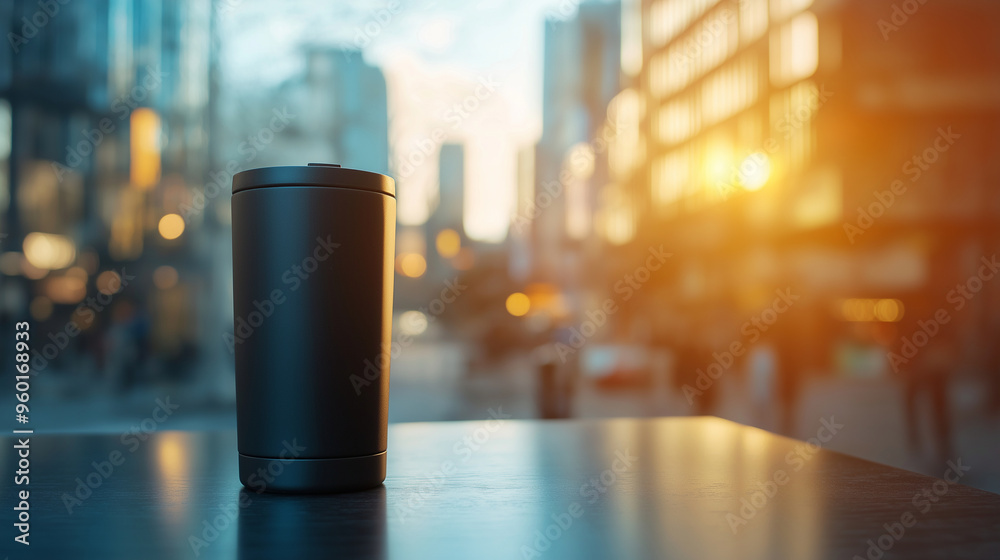 A modern travel mug mockup with a minimalist design, displayed on a blurred background of an on-the-go lifestyle setting. A modern travel mug mockup with a minimalist design, displayed on a blurred background of an on-the-go lifestyle setting.
