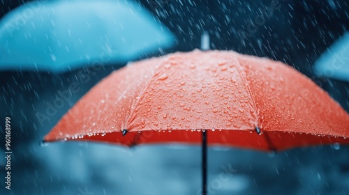 A striking red umbrella stands out in the rain, capturing water droplets clearly on its surface, set against a backdrop of other distant, blurry umbrellas, symbolizing protection.