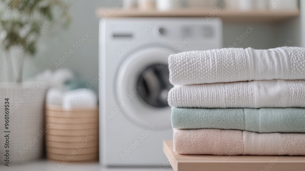 A stack of neatly folded towels in various shades set on a wooden table against a blurred background of a white washing machine and a cozy laundry room setting. A stack of neatly folded towels in various shades set on a wooden table against a blurred background of a white washing machine and a cozy laundry room setting.