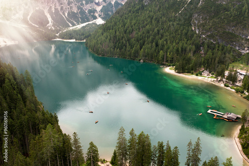 Fototapeta Naklejka Na Ścianę i Meble -  aerial view at sunset of braies lake in trentino alto adige italy