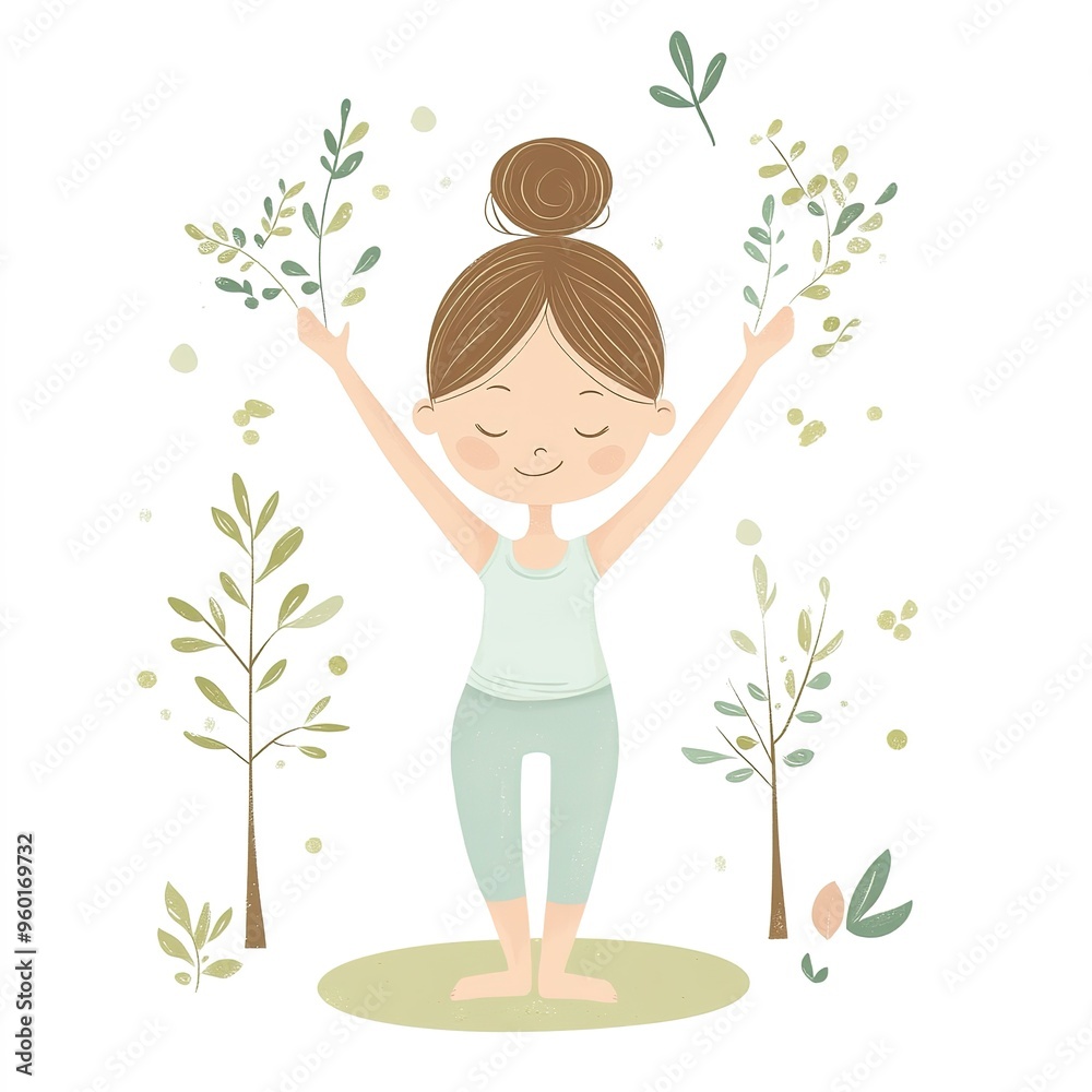 Cartoon girl doing yoga, white background, clip art style, cute and simple design with pastel colors, wearing leggings, on the floor in full length, side view, yoga pose with hands together in prayer Cartoon girl doing yoga, white background, clip art style, cute and simple design with pastel colors, wearing leggings, on the floor in full length, side view, yoga pose with hands together in prayer