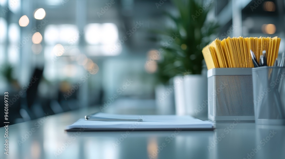 A modern office desk with neatly arranged stationery, yellow folders in a holder, and green plants, illuminated by soft natural light in a contemporary office environment. A modern office desk with neatly arranged stationery, yellow folders in a holder, and green plants, illuminated by soft natural light in a contemporary office environment.