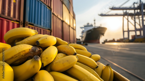Bunches of bananas lying next to containers near a cargo ship, poised for international shipment.