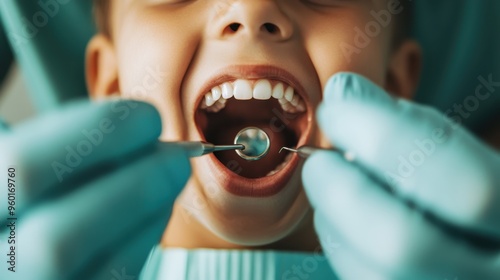 A close-up view of a dental procedure in progress, with a dentist performing a dental checkup on a patient, highlighting the careful and professional nature of dental healthcare services.