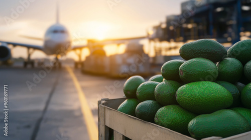 Fototapeta Naklejka Na Ścianę i Meble -  Fresh avocados stacked beside a cargo plane, emphasizing the importance of air transport in delivering global produce.