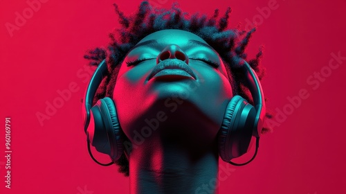 A person wearing headphones, focusing on their dark curly hair, is captured against a vibrant red background, emphasizing the contrast and the modern style of the scene.