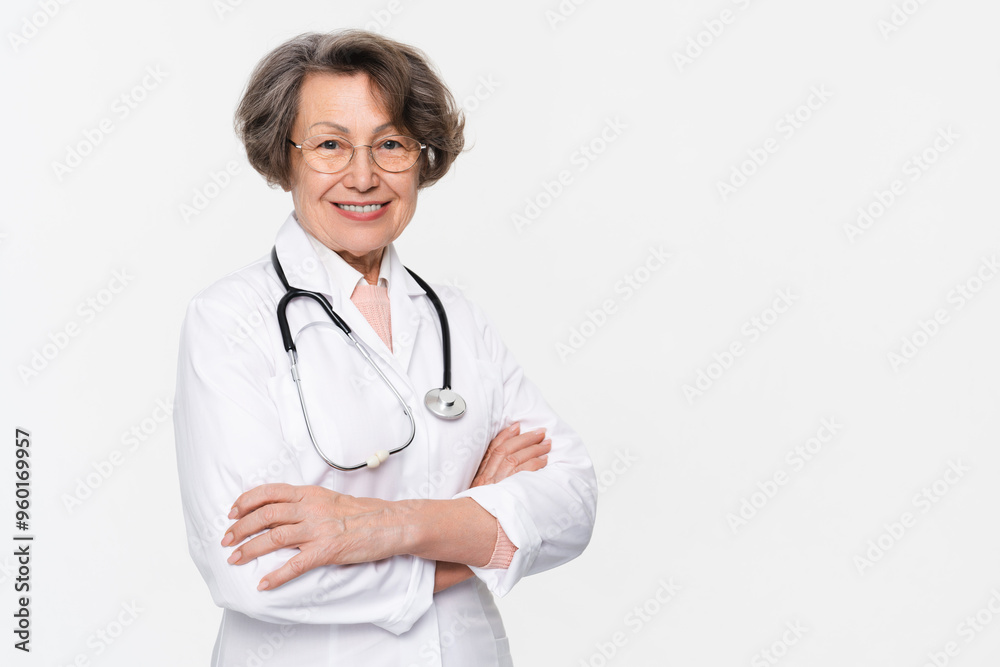Positive mature woman doctor with a stethoscope in a medical coat posing isolated over white background, standing with arms folded, welcoming healthcare female worker looking at the camera, copy space Positive mature woman doctor with a stethoscope in a medical coat posing isolated over white background, standing with arms folded, welcoming healthcare female worker looking at the camera, copy space