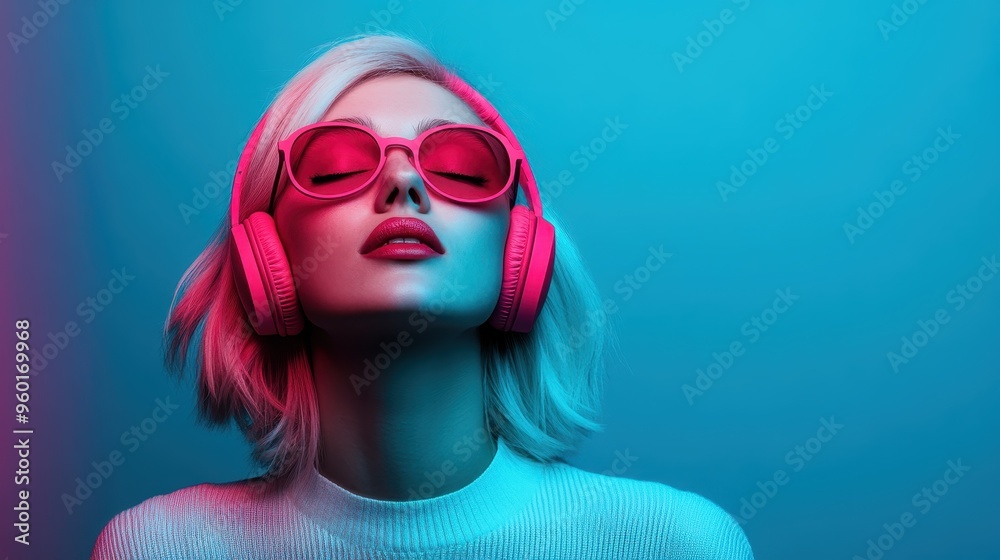 A stylish woman with short blond hair, wearing pink headphones and sunglasses, passionately enjoying music against a vibrant blue background, showcasing modern fashion. A stylish woman with short blond hair, wearing pink headphones and sunglasses, passionately enjoying music against a vibrant blue background, showcasing modern fashion.