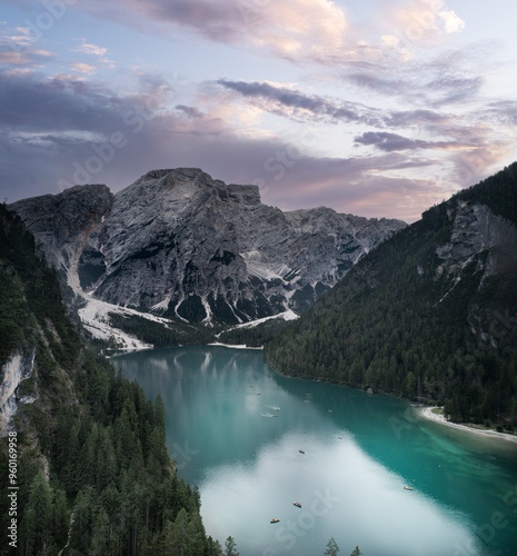 panoramic aerial view at sunset of braies lake in trentino alto adige italy