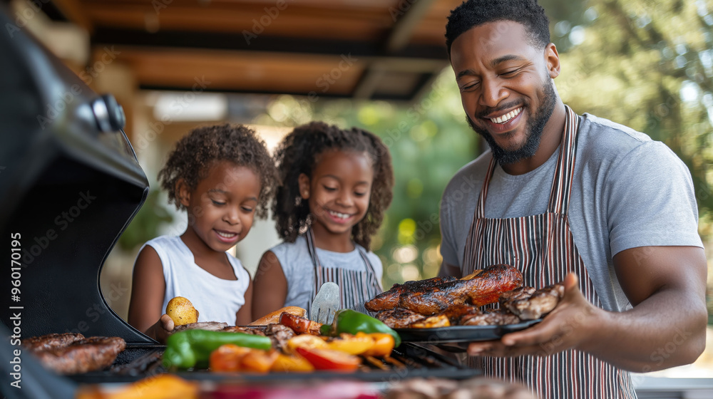Closeup of an African male serving freshly prepared BBQ food to his family during outdoor picnic Closeup of an African male serving freshly prepared BBQ food to his family during outdoor picnic