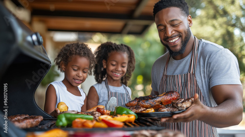 Closeup of an African male serving freshly prepared BBQ food to his family during outdoor picnic