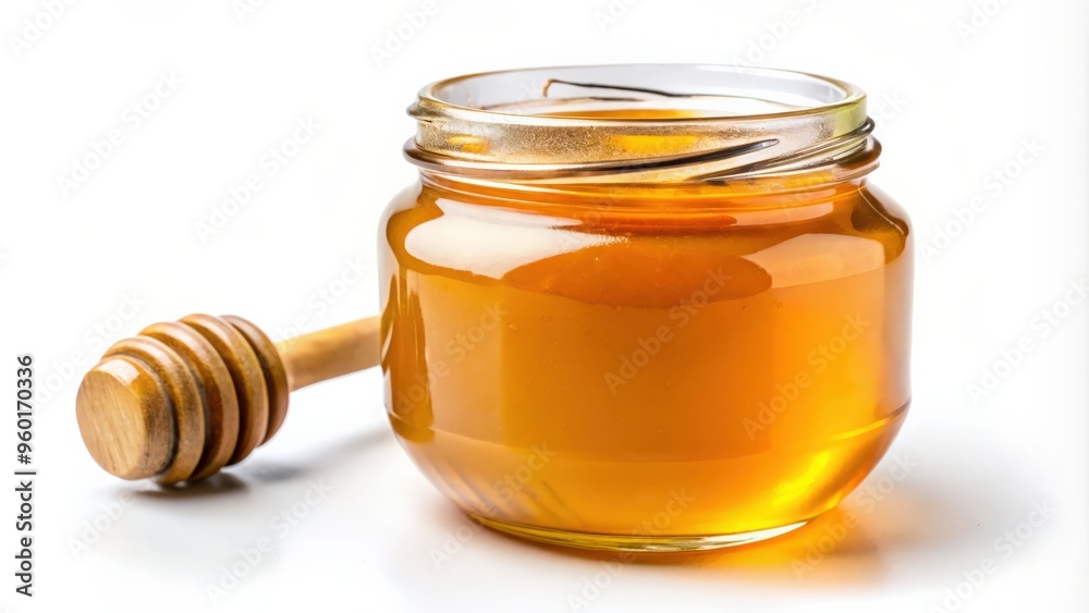 Close-up of a jar filled with golden honey, isolated on white background Close-up of a jar filled with golden honey, isolated on white background