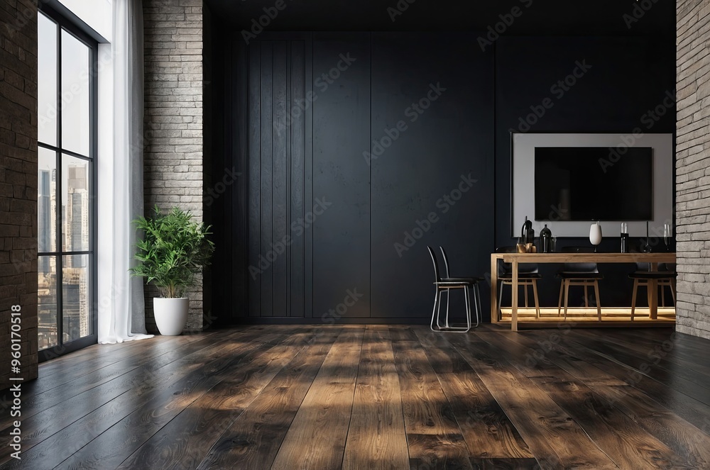 Modern black interior empty room , table with chairs. Mock up.