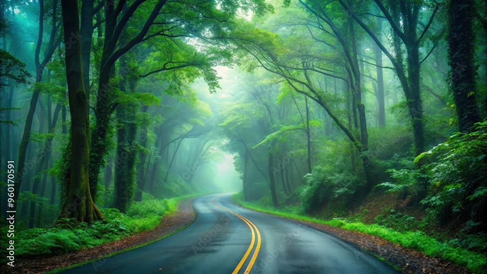 Fototapeta premium Mysterious road winding through foggy dark forest with lush green leaves
