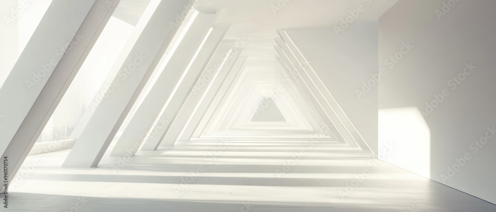 Modern White Architectural Corridor with Triangular Beams Modern White Architectural Corridor with Triangular Beams
