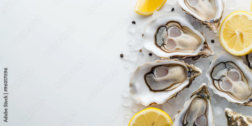 Top view of fresh opened oysters and lemon on a white background with free copy space. Top view of fresh opened oysters and lemon on a white background with free copy space.