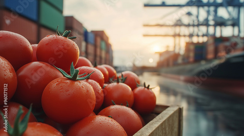 Fresh tomatoes lying beside a cargo ship, ready for global transport, symbolizing the worldwide agricultural supply chain.