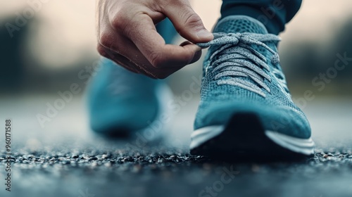 A close-up of a person tying the laces of blue running shoes on wet pavement, symbolizing preparation and focus before a run, with attention to detail and commitment.