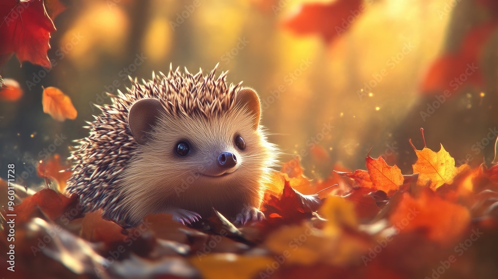 Фотография Hedgehog Surrounded by Fall Foliage in Forest