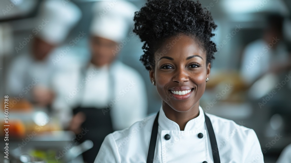 A cheerful female chef smiling confidently in a professional kitchen, with other chefs blurred in the background, highlighting her expertise and passion for cooking.