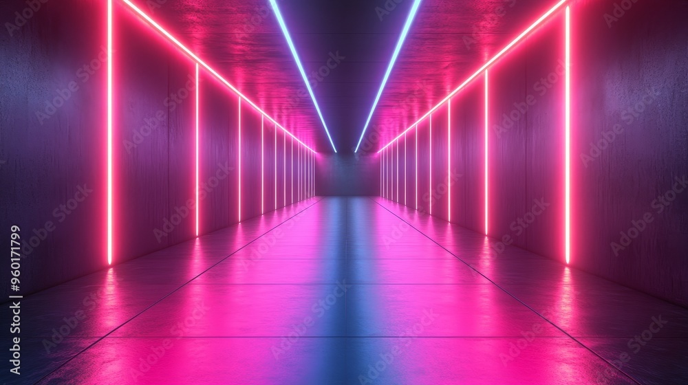 A long, narrow room with pink and blue lights A long, narrow room with pink and blue lights