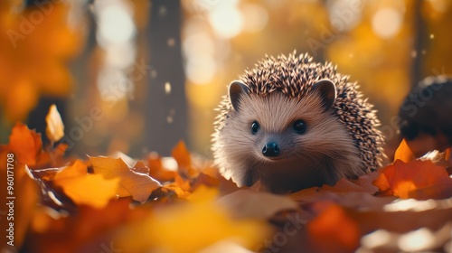 Autumn Scene with Hedgehog and Sunlit Leaves