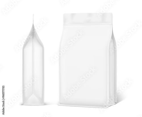 Vertical bag mockup. Flat bottom gusset bag. Half and side view. High realistic. Vector illustration isolated on white background. Ready for use in presentation, promo, advertising and more. EPS10.
