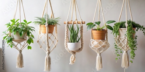 Handmade cotton macrame plant hangers with pots and plants hanging from a wood branch