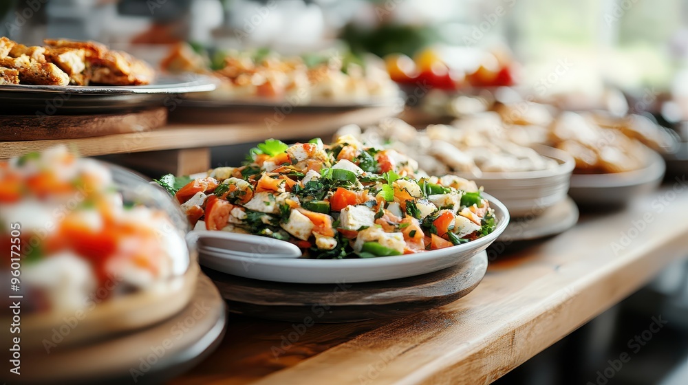 Obraz premium A diverse array of fresh, vibrant salads served on a table, highlighting a colorful and healthy culinary presentation ideal for various events and gatherings.